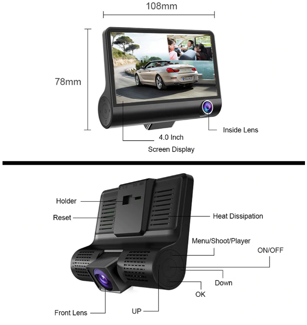DASHCAM DVR Triple Caméra de Voiture